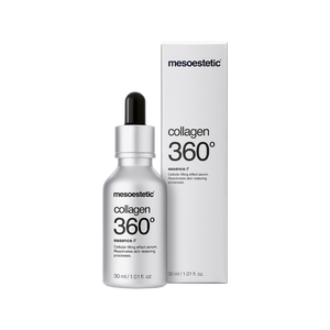 A vial of mesoestetic Collagen 360 Degree Essence with its box packaging