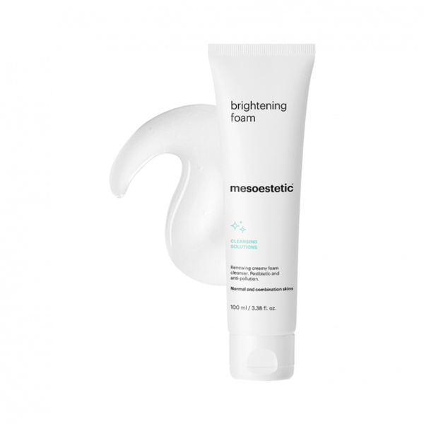 A container of mesoestetic Facial Gel Cleanser (now Brightening Foam) with its contents poured behind it