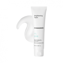 A container of mesoestetic Facial Gel Cleanser (now Brightening Foam) with its contents poured behind it