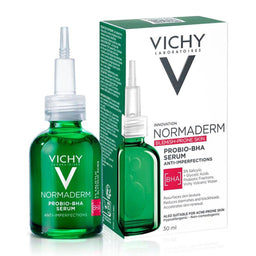 Green Vichy Normaderm BHA + Probiotic Fractions Anti-Imperfections Serum For Blemish-Prone Skin 30ml next to white box